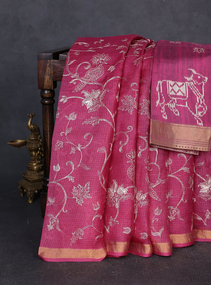 Magenta Kota Embroidery With Kalamkari Blouse