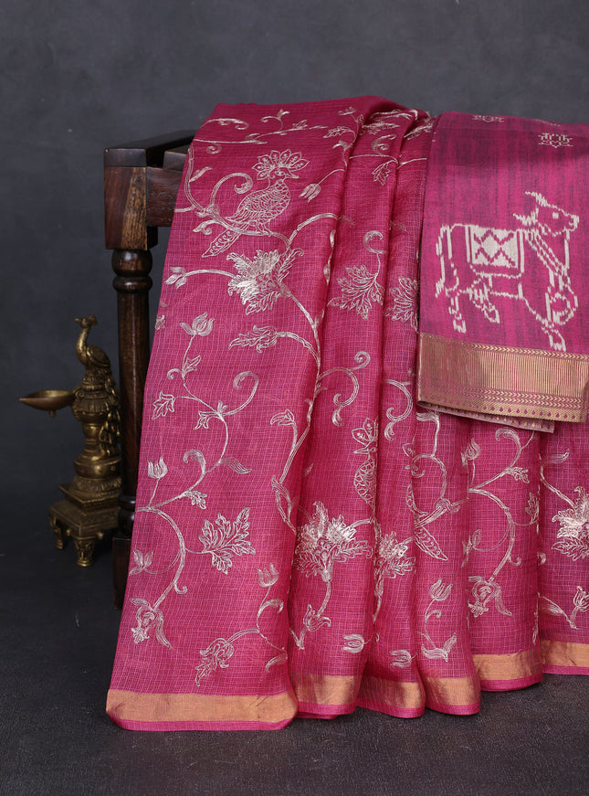 Magenta Kota Embroidery With Kalamkari Blouse