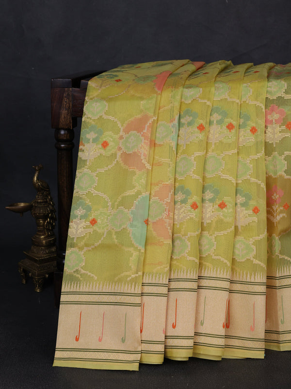 Lime Yellow Banarasi Kora Silk Saree