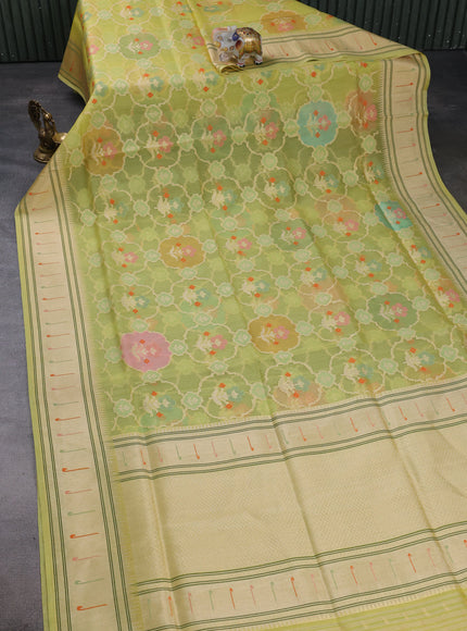 Lime Yellow Banarasi Kora Silk Saree