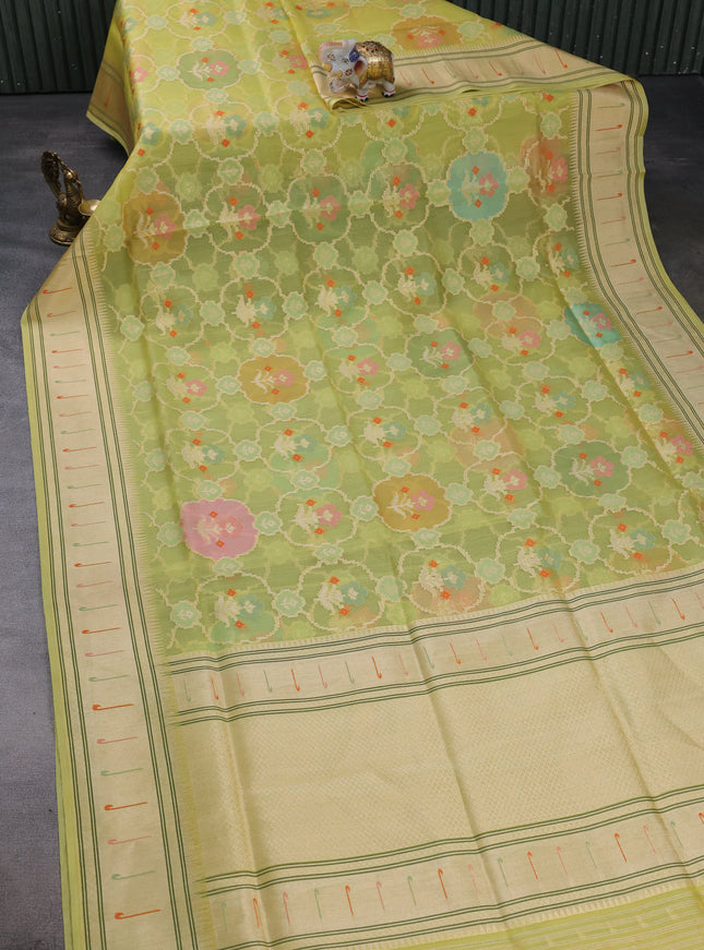 Lime Yellow Banarasi Kora Silk Saree