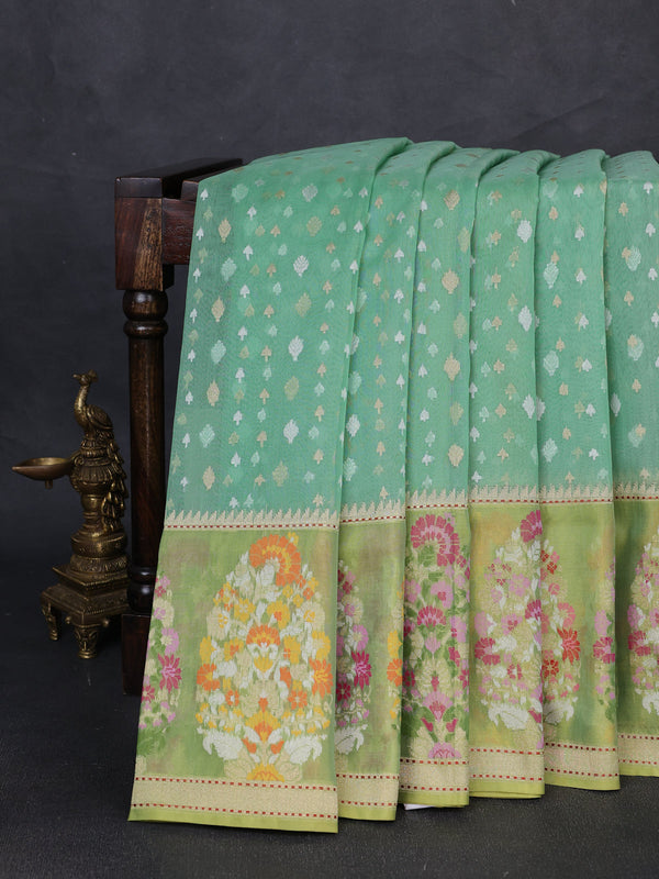 Sea Green - Parrot Green Banarasi Kora Silk Saree