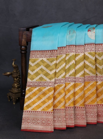 Sky Blue - Mustard Banarasi Kora Silk Saree