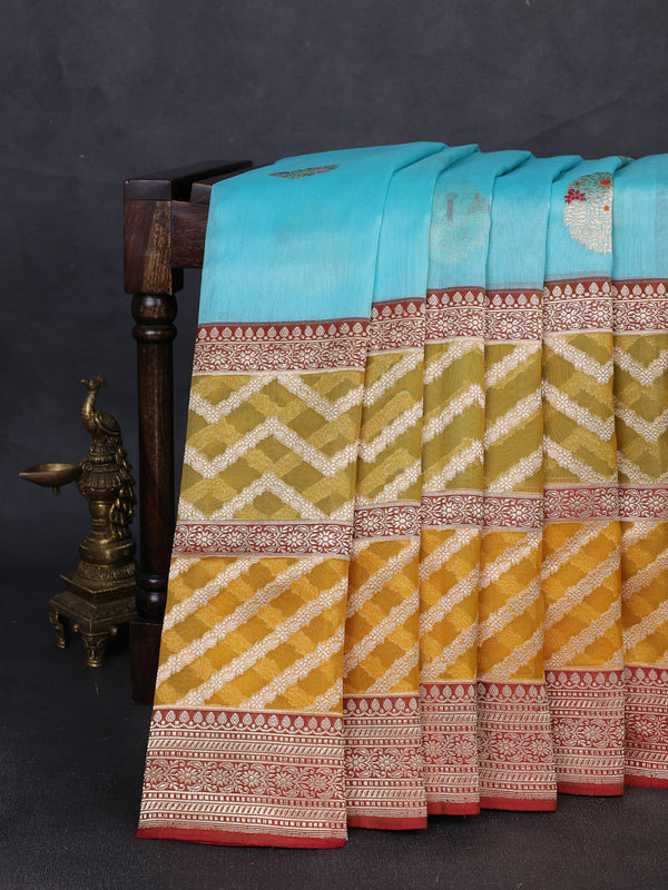 Sky Blue - Mustard Banarasi Kora Silk Saree