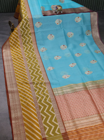 Sky Blue - Mustard Banarasi Kora Silk Saree