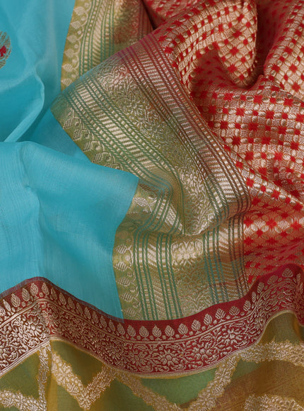 Sky Blue - Mustard Banarasi Kora Silk Saree