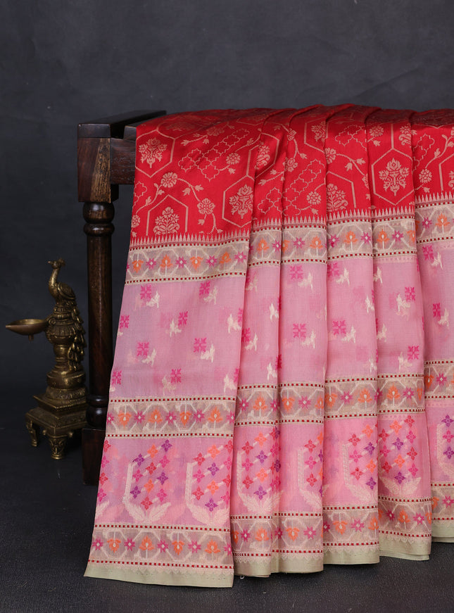Red - Light Pink Banarasi Silk Saree