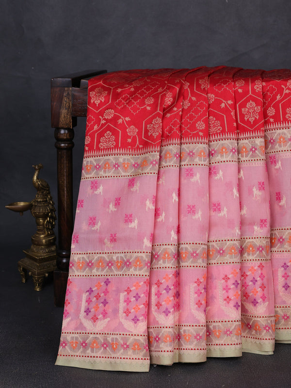 Red - Light Pink Banarasi Silk Saree