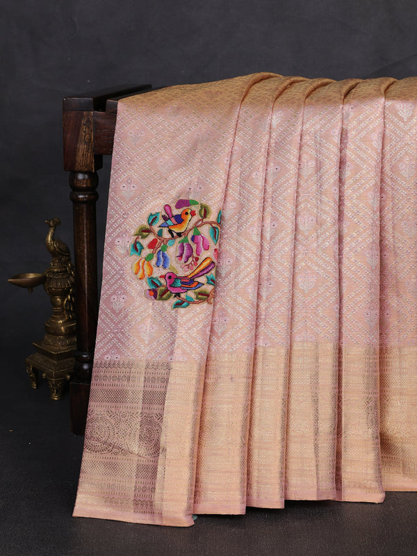 Peach Kanchipuram Tissue Silk Embroidery Saree