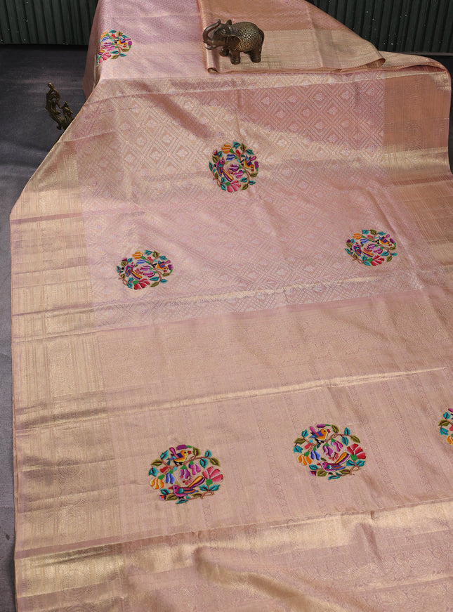 Peach Kanchipuram Tissue Silk Embroidery Saree