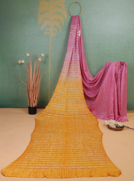 Light Pink - Yellow Bandhani Silk Saree