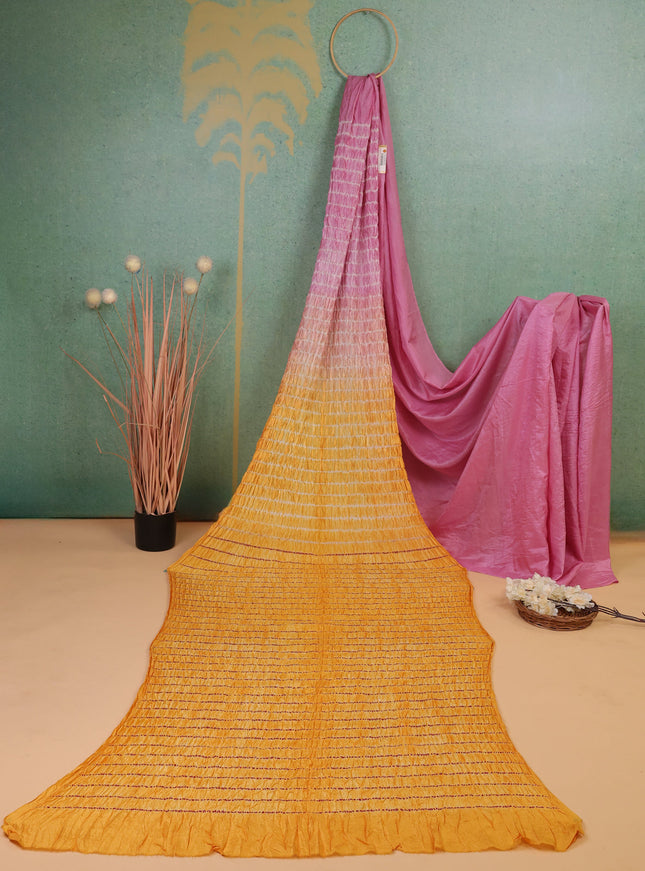 Light Pink - Yellow Bandhani Silk Saree