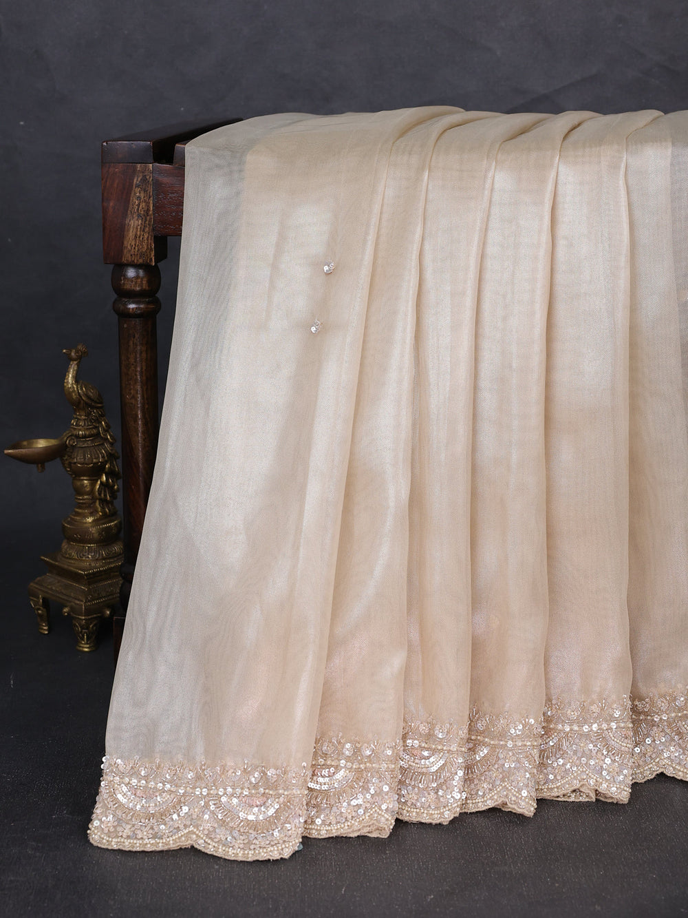 Beige Organza Tissue Sequin Embroidery Saree