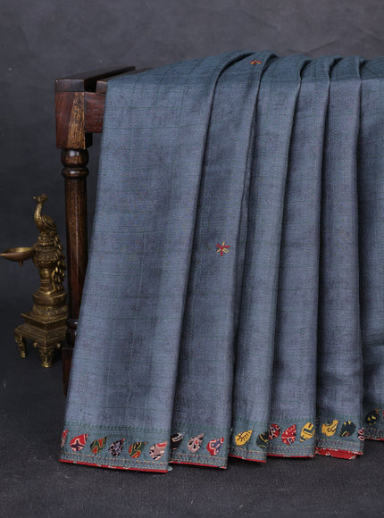 Grey Tussar Ajrakh Applique Embroidery Saree
