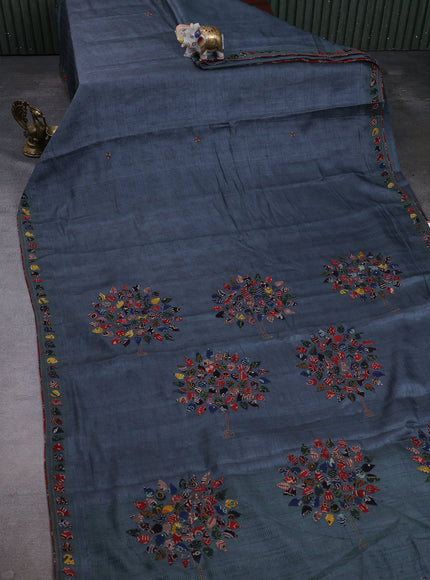 Grey Tussar Ajrakh Applique Embroidery Saree