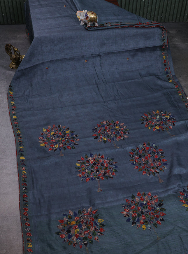 Grey Tussar Ajrakh Applique Embroidery Saree