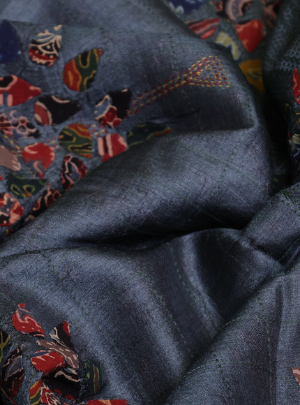 Grey Tussar Ajrakh Applique Embroidery Saree