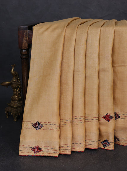 Mustard Yellow Tussar Ajrakh Applique Embroidery Saree
