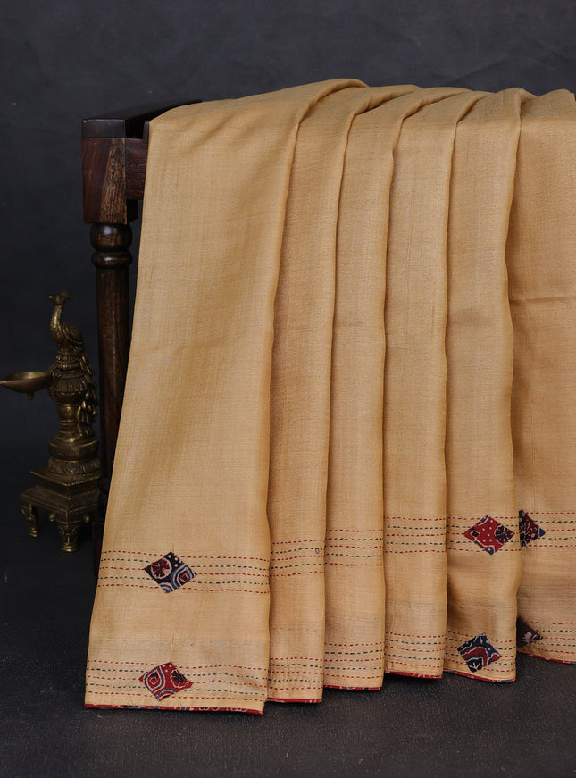 Mustard Yellow Tussar Ajrakh Applique Embroidery Saree
