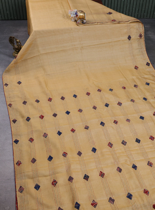 Mustard Yellow Tussar Ajrakh Applique Embroidery Saree