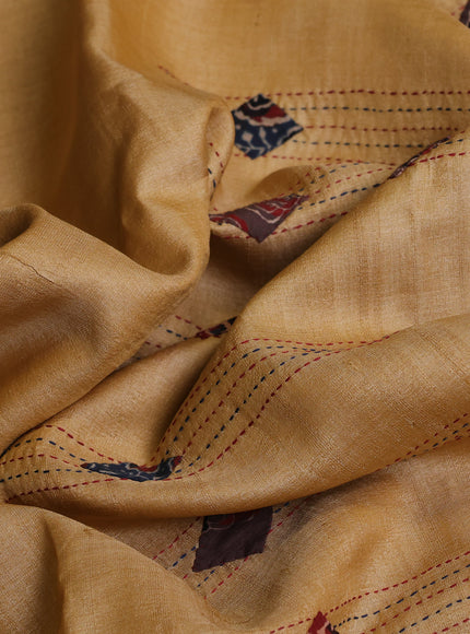Mustard Yellow Tussar Ajrakh Applique Embroidery Saree