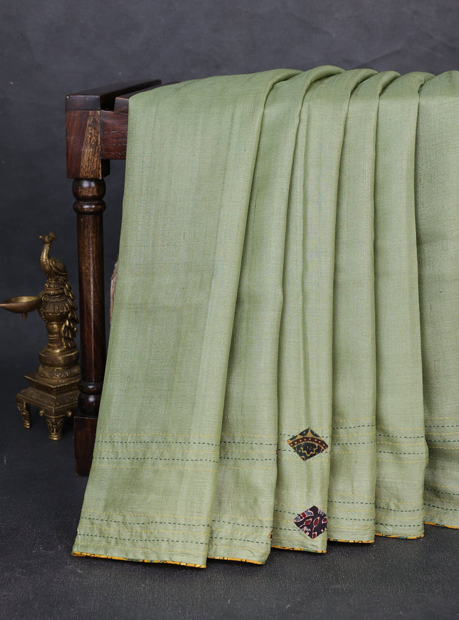 Pista Green Tussar Ajrakh Applique Embroidery Saree