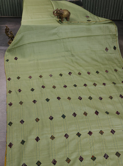 Pista Green Tussar Ajrakh Applique Embroidery Saree