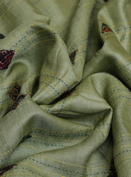 Pista Green Tussar Ajrakh Applique Embroidery Saree