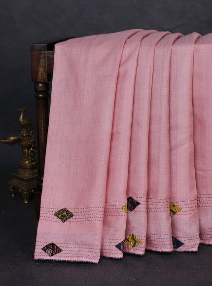 Light Pink Tussar Ajrakh Applique Embroidery Saree
