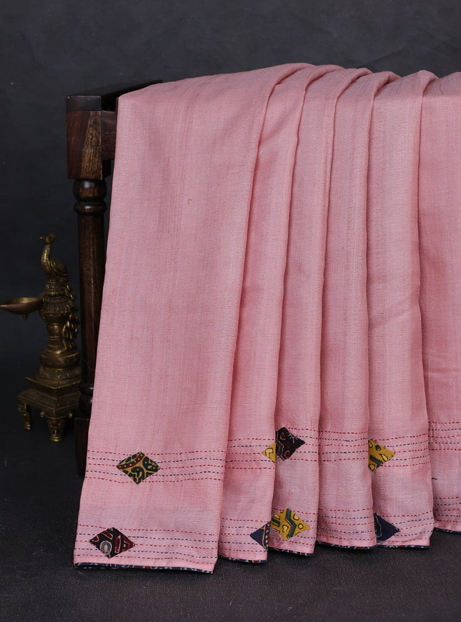 Light Pink Tussar Ajrakh Applique Embroidery Saree
