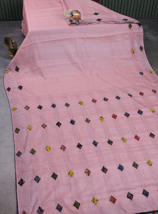 Light Pink Tussar Ajrakh Applique Embroidery Saree