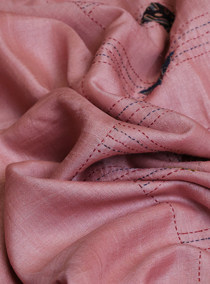 Light Pink Tussar Ajrakh Applique Embroidery Saree