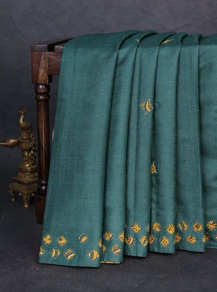 Bottlr Green Tussar Ajrakh Applique Embroidery Saree