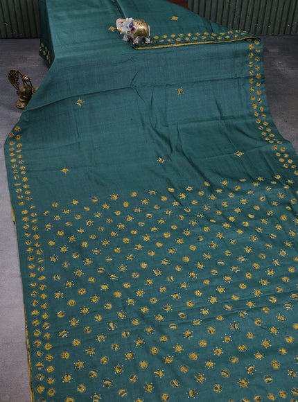 Bottlr Green Tussar Ajrakh Applique Embroidery Saree