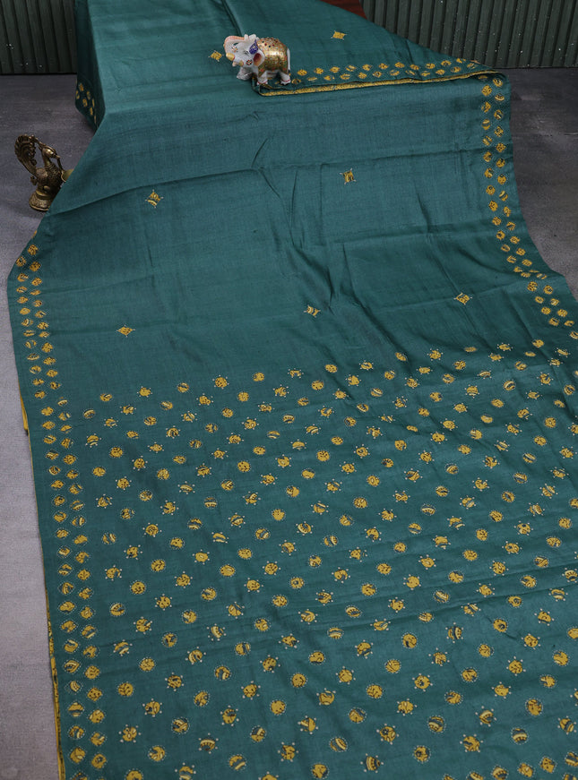Bottlr Green Tussar Ajrakh Applique Embroidery Saree