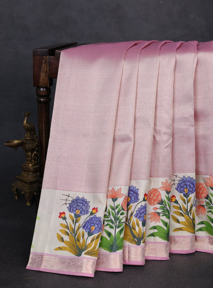 Lotus Pink - Off White Pure Kanchipuram Tissue Silk Saree With Printed Border