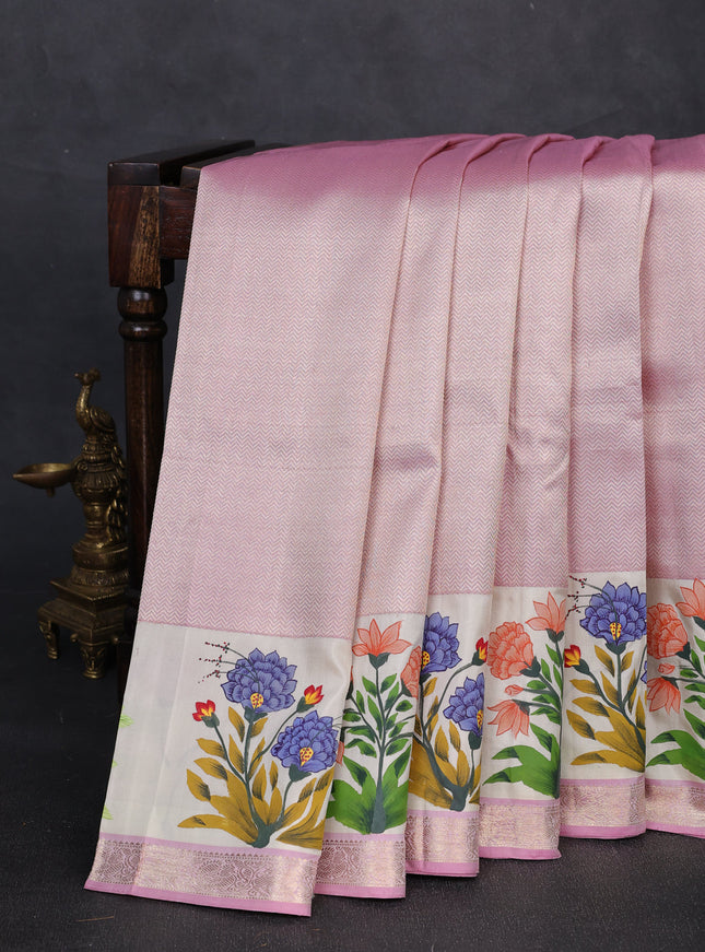 Lotus Pink - Off White Pure Kanchipuram Tissue Silk Saree With Printed Border