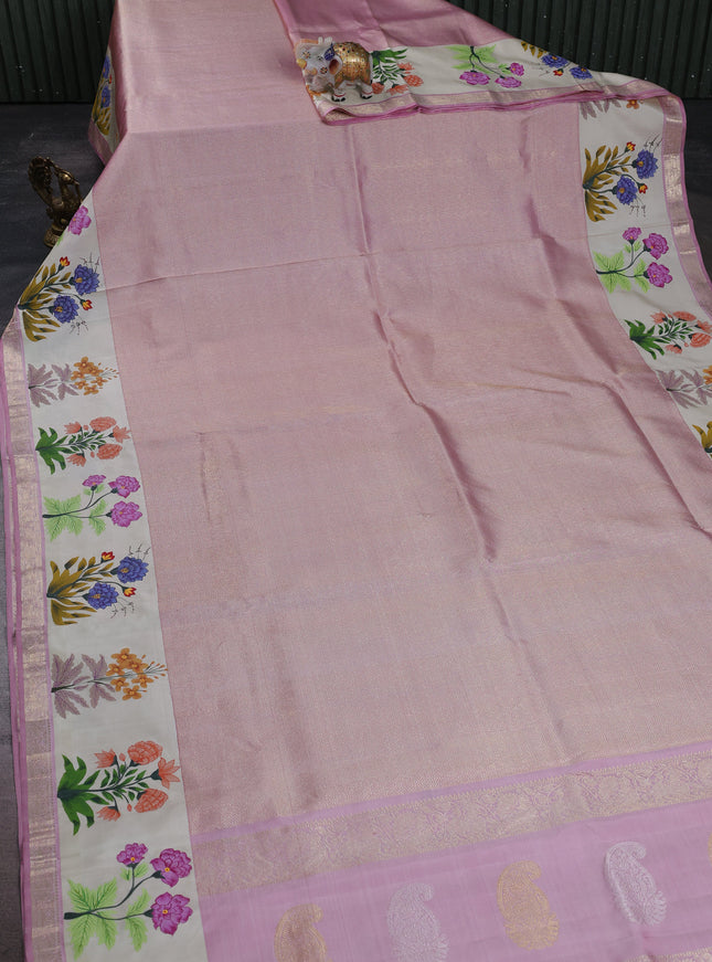 Lotus Pink - Off White Pure Kanchipuram Tissue Silk Saree With Printed Border