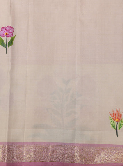 Lotus Pink - Off White Pure Kanchipuram Tissue Silk Saree With Printed Border