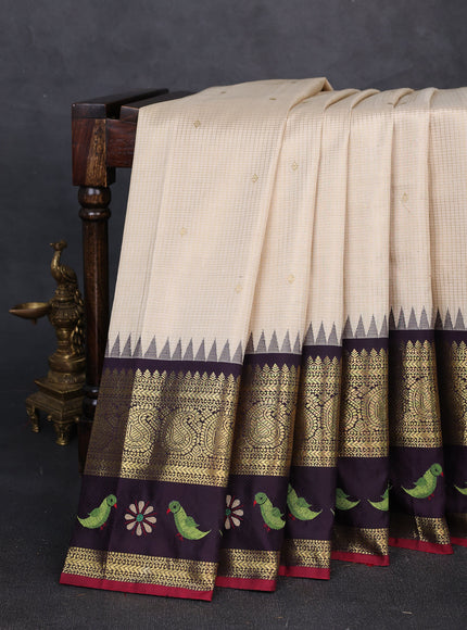 Cream - Jamun Pure Kanchipuram Silk Saree With Embroidery Border