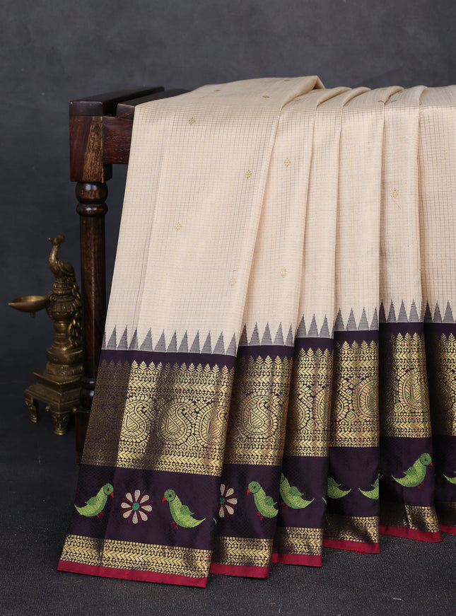 Cream - Jamun Pure Kanchipuram Silk Saree With Embroidery Border