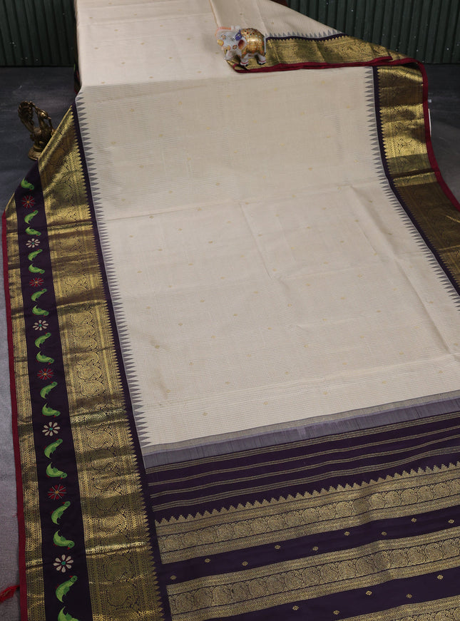 Cream - Jamun Pure Kanchipuram Silk Saree With Embroidery Border