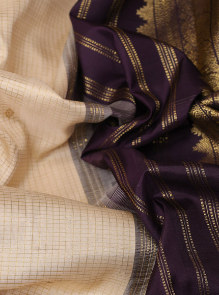Cream - Jamun Pure Kanchipuram Silk Saree With Embroidery Border