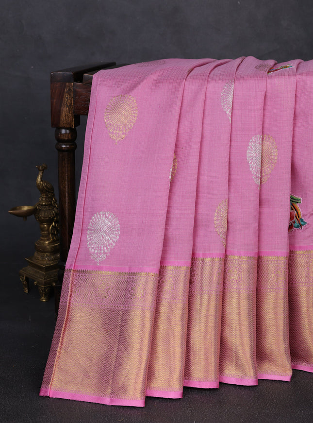 Pink Pure Kanchipuram Kota Silk Saree