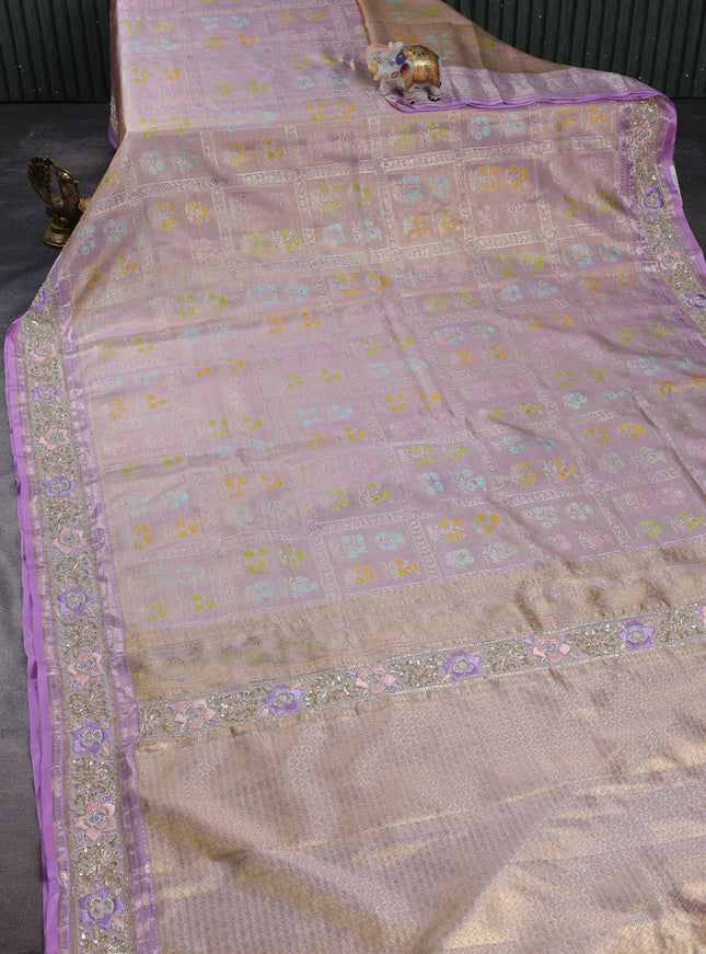 Lavender Pure Kanchipuram Tissue Silk Saree With Embroidery Border