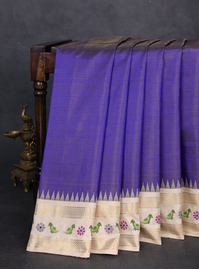 Royal Blue - Cream Pure Kanchipuram Silk Saree With Embroidery Border