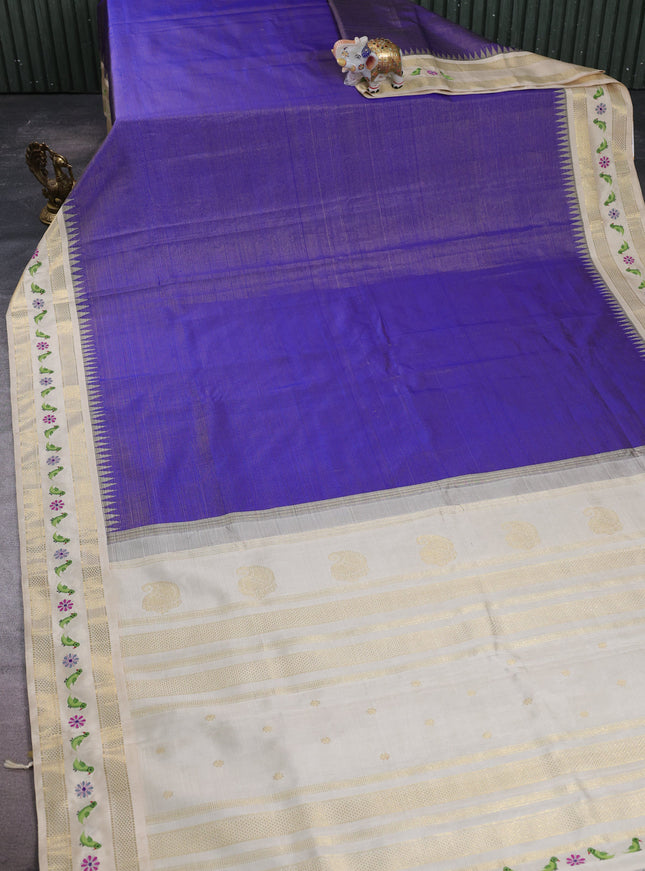 Royal Blue - Cream Pure Kanchipuram Silk Saree With Embroidery Border
