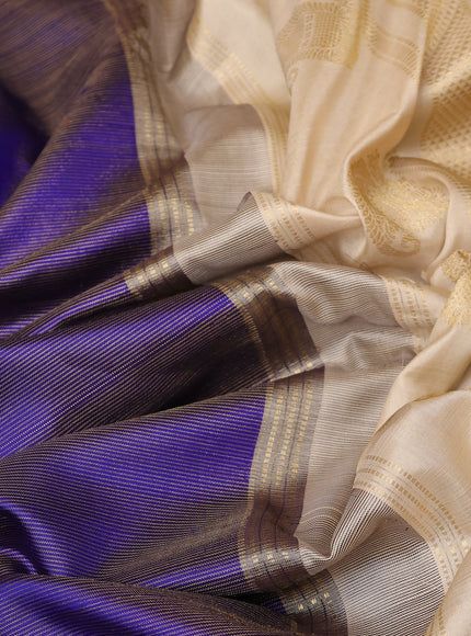 Royal Blue - Cream Pure Kanchipuram Silk Saree With Embroidery Border