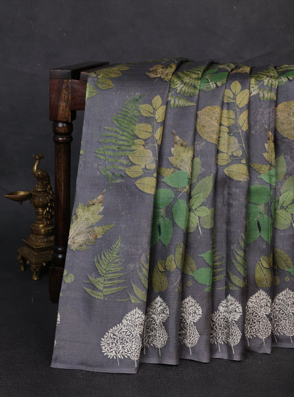 Grey Printed Tussar Silk Embroidery Saree