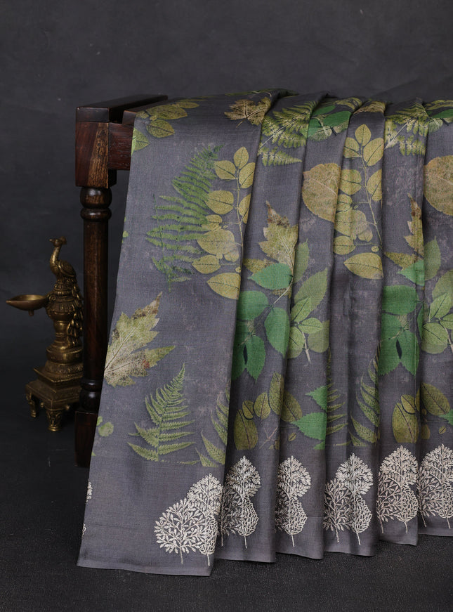 Grey Printed Tussar Silk Embroidery Saree